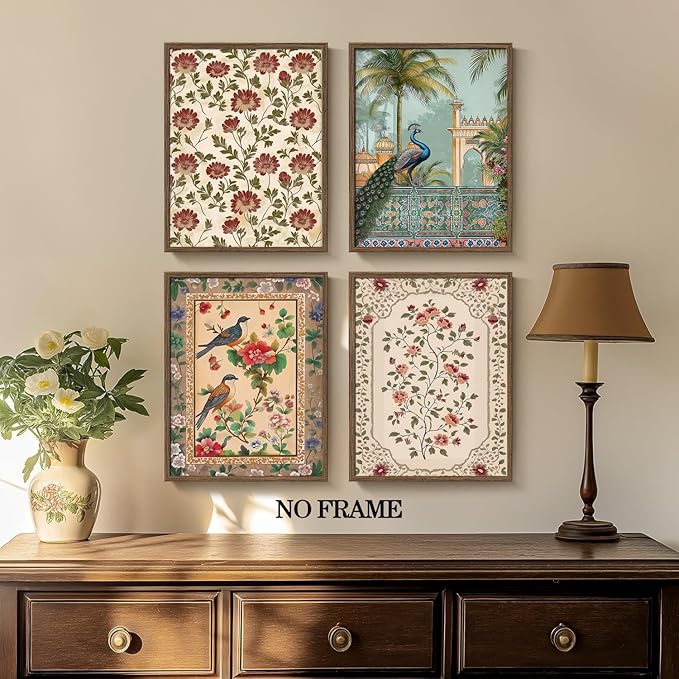 Vintage Floral Wall Art Poster Set of 6, Rustic Flower Bird Pictures Wall Decor, Retro Neutral Botanical Peacock Paintings Canvas Prints Aesthetic Home Decor for Living Room Bedroom 8x10in Unframed