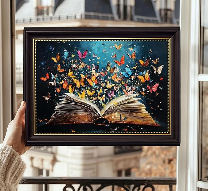Dark Brown Frame Colorful Butterfly Book Canvas Wall Art Butterfly Emerging From Book Wall Decor Picture Reading Enthusiasts Poster Print for Library Reading Room Modern Reading Home Decoration