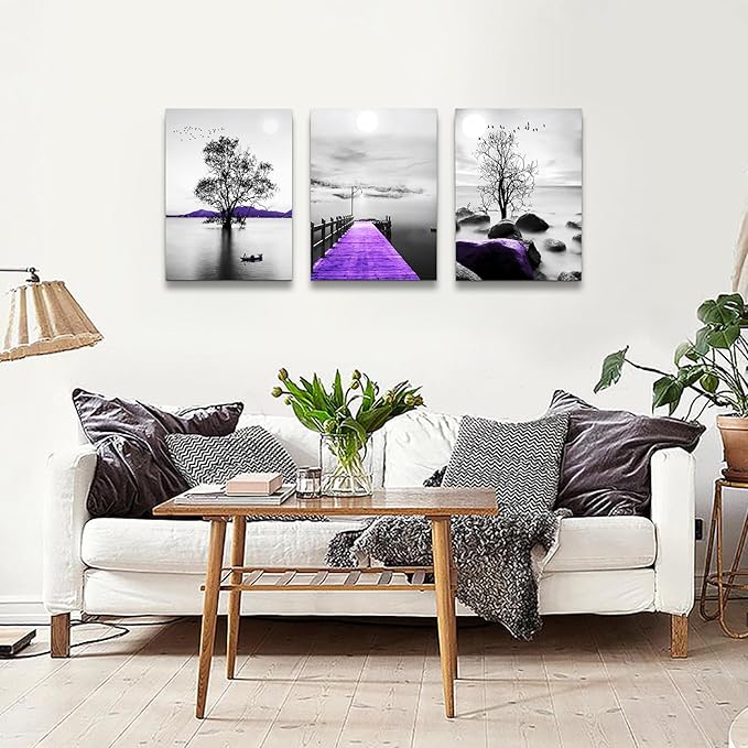 Lapremoly Purple Scenery Wall Pictures Canvas Wall Art For Bedroom Decorations For Living Room Modern Office Wall Decor Black And White Painting Artwork Room Home Decor 3 Piece Prints Art