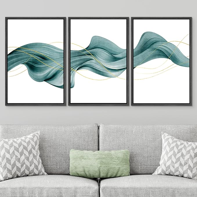 SIGNWIN Framed Canvas Print Wall Art Set Futuristic Teal Geometric Smoke Wave Abstract Shapes Illustrations Modern Art Decorative Nordic Zen Chic for Living Room, Bedroom, Office - 24"x36"x3 Black