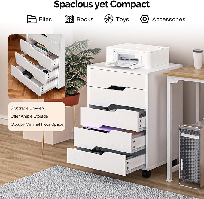 VINGLI 5 Drawers Rolling File Cabinet with Wheels, Under Desk Storage Organization, Vertical Filing Chest Mobile Wood Small Desk Printer Stand for Home Office, 19" W × 15.8" D × 25.6" H, White