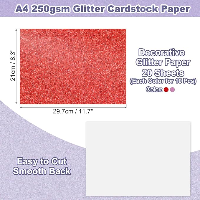 PATIKIL 20Sheets Red/Pink Glitter Cardstock, 8.3x11.7 in A4 Glitter Paper Card Stock Shiny Scrapbook 250gsm Sparkly Paper Large Shimmer for Crafts Scrapbook DIY Art Wedding Party