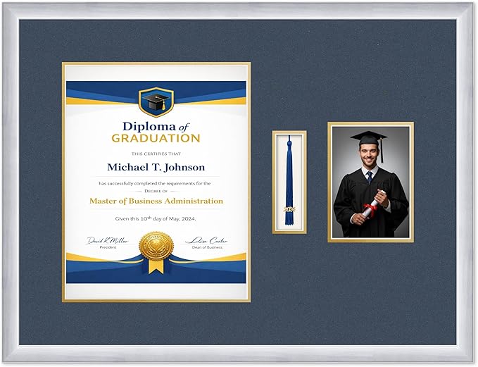 Diploma Tassel and Photo Frame Stainless Silver Shadowbox Navy Blue Over Gold Mat - Fits 11 x 14 Degree Picture Made in the USA