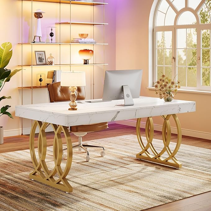 Tribesigns 63-Inch Executive Desk, Modern Office Computer Desk with Stylish Gold Legs, Rectangular Workstation for Home Office, Small Conference Table for Meeting Room (White & Gold)
