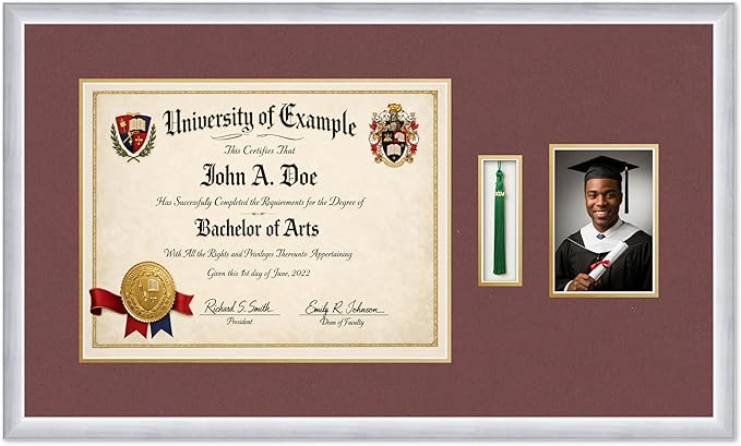 CountryArtHouse Diploma Tassel and Photo Shadowbox Fits 17 x 13 International Diploma with Tassel H Stainless Silver Genuine Hardwood with Dark Red Over Metallic Gold Double mat