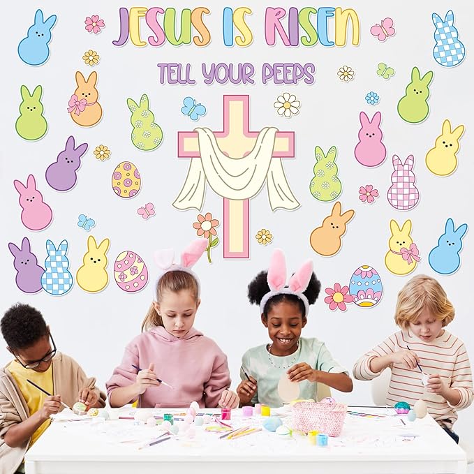 Easter Jesus Bulletin Board Set Easter Egg Bunnies Religion Cross Classroom Decoration Jesus is Risen Bulletin Board Candy Rabbit Flower Spring Cutouts for Sunday School Church Chalkboard Wall Decor