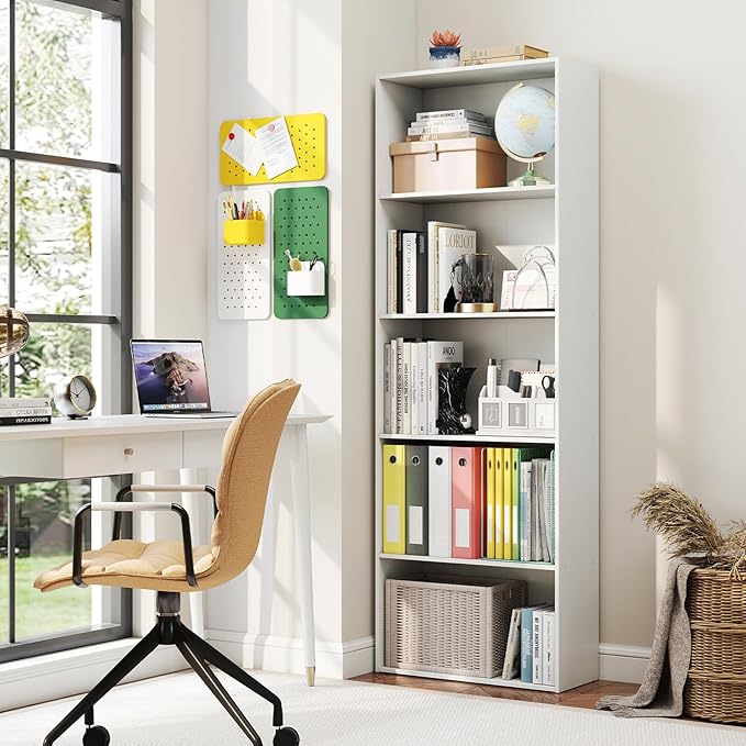 Giantex 5-Tier Bookshelf, Freestanding Tall Bookcase with 5 Open Compartments, Modern Storage Organizer, Display Shelving Unit for Living Room, Bedroom, Home Office, White