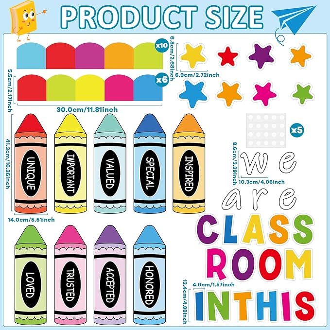 gisgfim Back to School Bulletin Board Decorations Colorful Crayon Paper Cutouts Crayon Motivational Word Bulletin Board Set for School Classroom Teacher Students Chalkboard Door Wall Decor Supplies