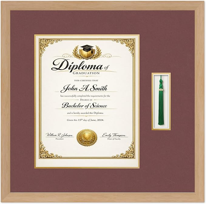 CountryArtHouse Diploma and Tassel Frame Fits 11 x 14 College Diploma (Portrait) with Tassel Natural Wood Genuine Hardwood Shadowbox with Dark Red Over Metallic Gold Double mat