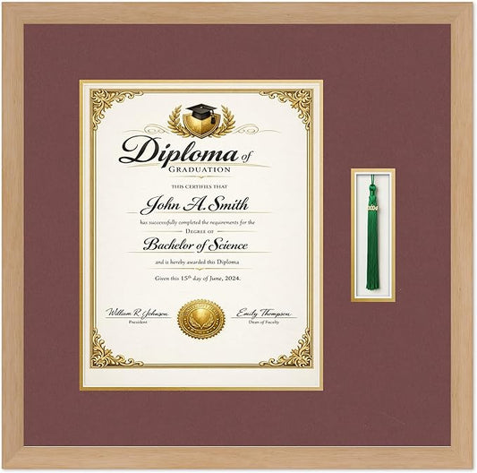 CountryArtHouse Diploma and Tassel Frame Fits 11 x 14 College Diploma (Portrait) with Tassel Natural Wood Genuine Hardwood Shadowbox with Dark Red Over Metallic Gold Double mat