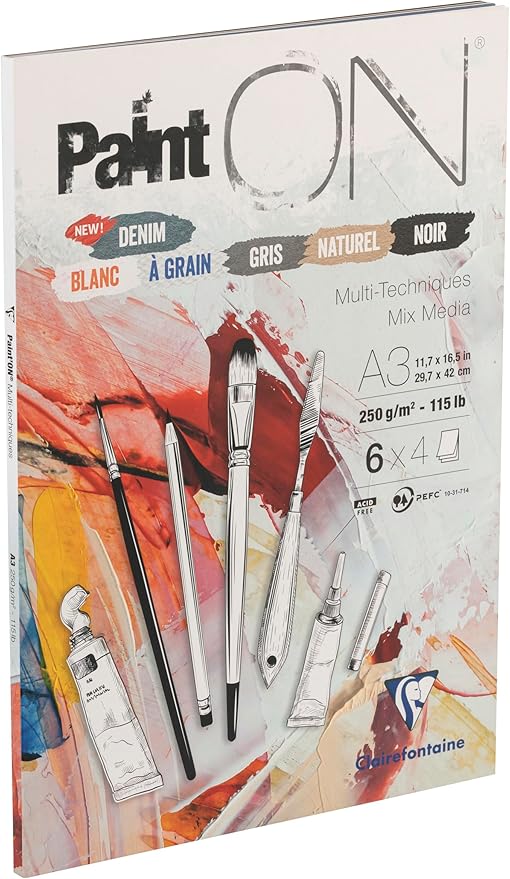 Clairefontaine - Ref 975411C - Paint'ON Multi-Technique Assorted Colour Paper Pad (24 Sheets) - A3 Size, 250gsm Heavyweight Paper, Slight Rough Grain, Acid Free, pH Neutral