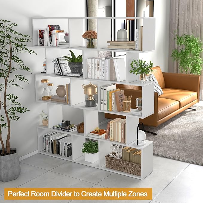 Tangkula 5-Tier Geometric Bookshelf, S Shaped Bookcase w/Anti-Toppling Device, Freestanding Room Divider, Industrial Home Office Decor Wood Open Storage Display Shelf for Living Room (1, White)