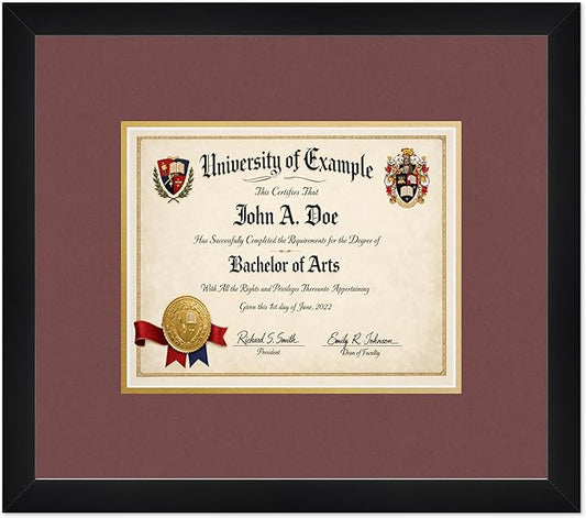 CountryArtHouse Diploma Frame Fits 10 x 8 Professional License - Keepsake Graduation Display Matte Black Genuine Hardwood with Dark Red Over Metallic Gold Double mat