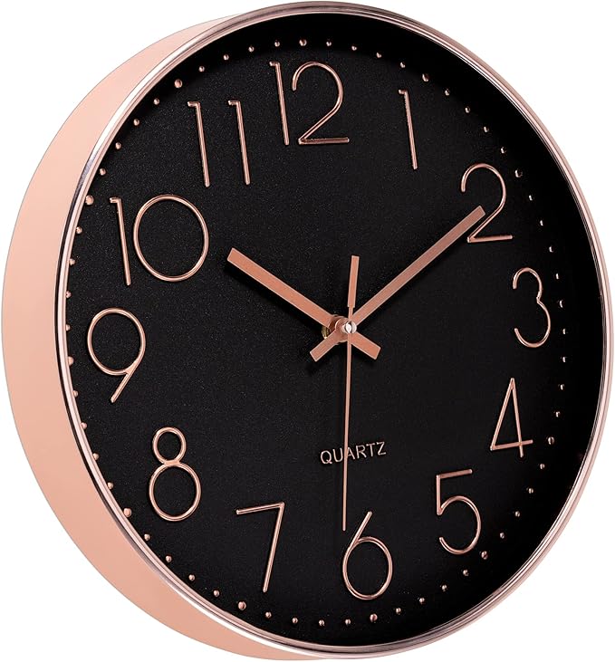 Foxtop Modern Wall Clock 12 Inch Non-Ticking Silent Battery Operated Round Quartz Rose Gold Wall Clock for Office Bedroom Living Room Kitchen Home School Decor (Black Dial)