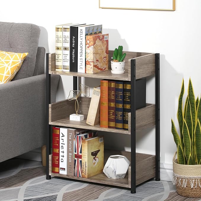 VECELO Bookshelf,Small Bookcase,3-Tier Storage Organizer,Industrial Shelving Unit for Home Office,Living Room,Dormitory,30" H,Brown