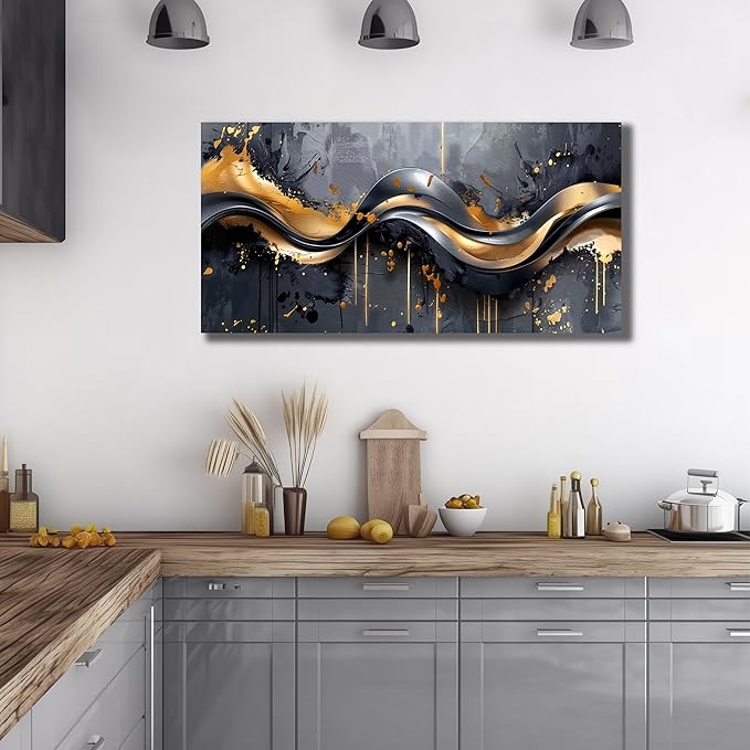 AOZEMI Abstract Wall Art Black Canvas Art Gold Wall Decor Paintings Artwork Print Pictures for Bedroom Living Room 20"x40"