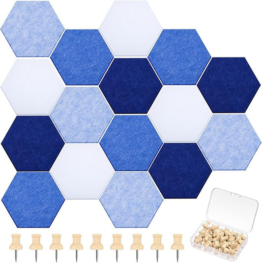 16 Pcs Hexagon Cork Board for Walls with 50 Wooden Push Pins 6.7 x 5.9 in Felt DIY Tiles Notice with Nano Tape Hanging Bulletin Board for Home Photo Office Memo Note (Blue)