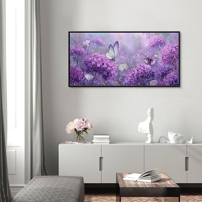 yiijeah Purple Wall Art Bedroom Canvas Lavender Bathroom Decor Butterfly Picture Items for Women Framed Artwork Print 40x20 Inches