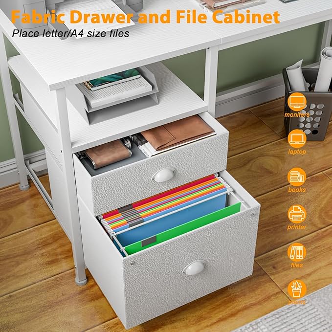 Furologee 61" Computer Desk with Fabric File Cabinet & Drawer, Reversible White Table with Storage Shelf, Office Desk with Long Monitor Stand, Writting Table Workstation, for Home/Office/White