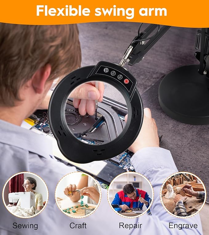 10X Magnifying Glass with Light and Stand, 2 in 1 Real Glass Lens Magnifying Desk Lamp, 5 Color Modes, Brightness Stepless Dimmable LED Lighted Magnifier Hands Free for Repair Craft Close Work