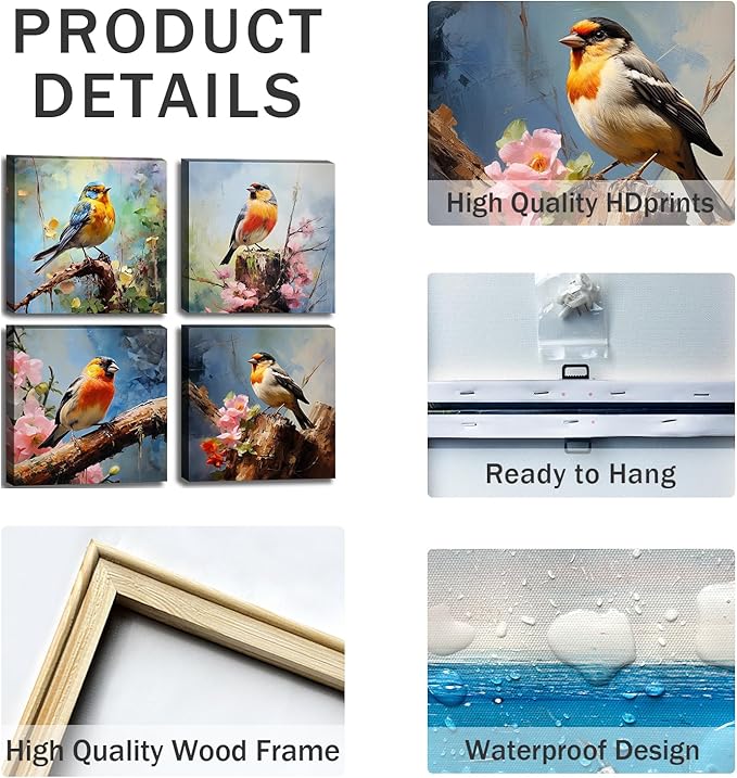 Colorful Birds Canvas Wall Art Paintings With Flowers for Bedroom Modern Wall Decor Picture Framed Artwork Prints Paintings for Bathroom Kitchen Decorations 16"x16"x4 Pieces