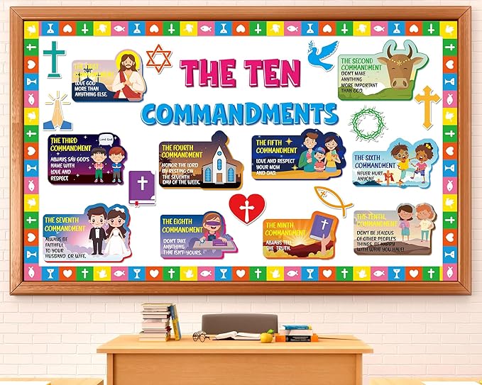 gisgfim Ten Commandments Bulletin Board Decorations Set Classroom Religious Jesus Paper Cutouts Christian Bible Verse Bulletin Board Decor for Back to School Sunday School Church Chalkboard Wall