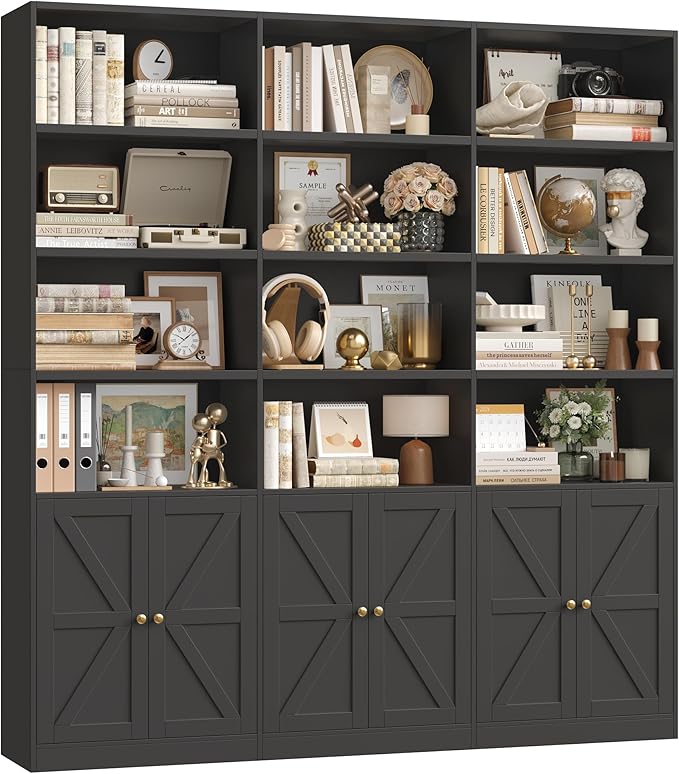 FACBOTALL 75" Triple Wide Bookshelf, Bookshelf and Bookcase with 6 Farmhouse Doors, 71" Wide 6 Tier Book Shelf with 18 Storage Shelves, Large Wooden Bookshelves, Tall Bookcase for Home Office, Black