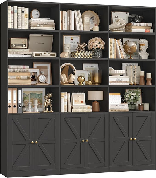 FACBOTALL 75" Triple Wide Bookshelf, Bookshelf and Bookcase with 6 Farmhouse Doors, 71" Wide 6 Tier Book Shelf with 18 Storage Shelves, Large Wooden Bookshelves, Tall Bookcase for Home Office, Black