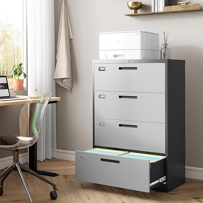 Lateral File Cabinet with Lock, 4 Drawer Metal Filing Cabinet, Lateral Filing Cabinet with Lock for Home Office, Locking Metal Steel Wide File for Legal/Letter A4 Size