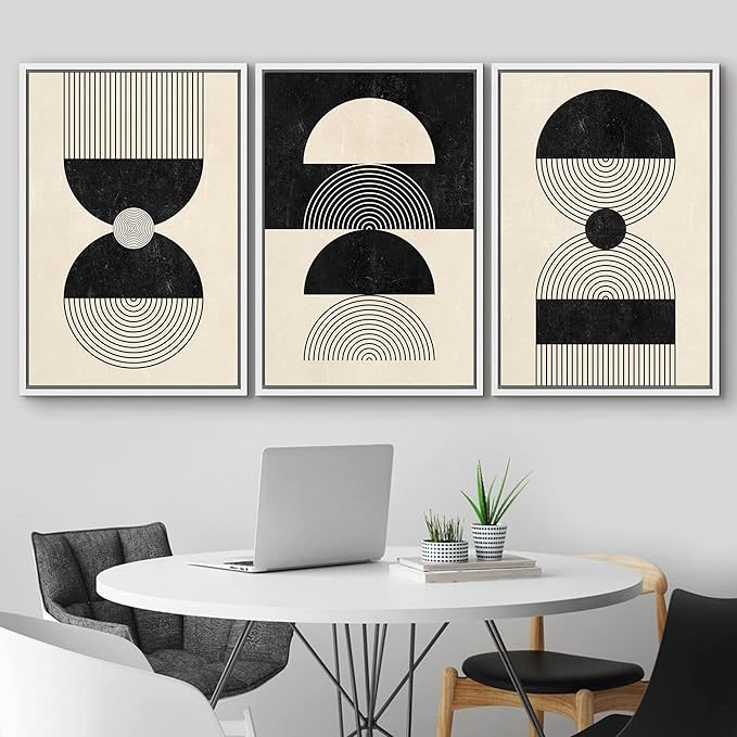 IDEA4WALL Framed Canvas Print Wall Art Set Geometric Black Tan Striped Circle Polygon Collage Abstract Shapes Illustrations Modern Art Nordic for Living Room, Bedroom, Office - 16"x24"x3 White