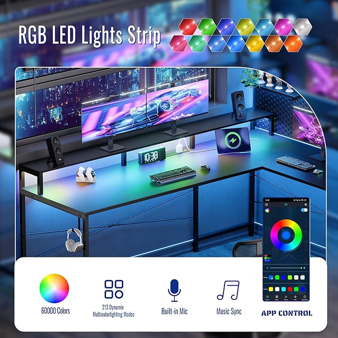 Pamray 64 Inch L Shaped Gaming Desk with Power Outlets and Led Lights, Large Corner Computer Desk with Monitor Stand and Pegboard, PC Table for Home Office and Bedroom Grey