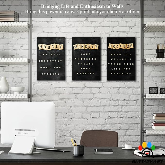 Office Wall Art - Motivational 3-Panel Canvas Art for Home Office: Positive Quote, Entrepreneur Words Poster Frame, 12'x24' x3pcs