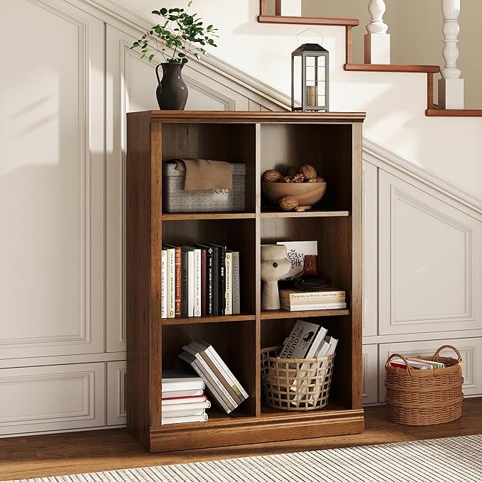 6 Cube Storage Organizer Bookcase - 3 Tiers 6 Storage Cube Adjustable Space Book Case, Display Cabinet Organizer, 30 inch Width Horizontal Bookshelf for Home Library Office, Vintage Oak