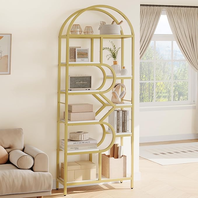 IDEALHOUSE Bookshelf 6 Tier Arched Bookcase 81.7in Tall Display Racks Geometric Open Storage Shelf Unique Book Rack Metal Frame Large Modern Book Shelf for Bedroom, Living Room, Home Office