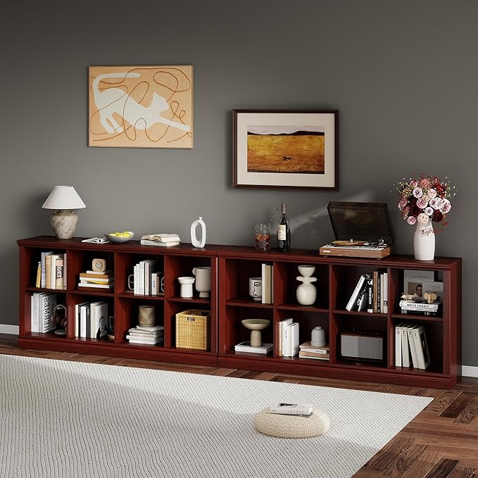 8 Cube Storage Organizer Bookcase - 2 Tiers 8 Storage Cube Adjustable Space Book Case, Display Cabinet Organizer, 54.7 inch Width Horizontal Bookshelf for Home Library Office, Mahogany