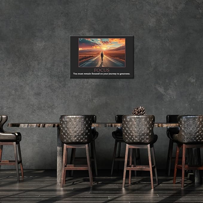 UZMKM - Inspirational Canvas Wall Art, FOCUS Mindset Quotes Man Walking in Road Picture Prints, Success Framed Company Poster, Positive Quotes Wall Painting for Home Office Workplace 28x40 Inch