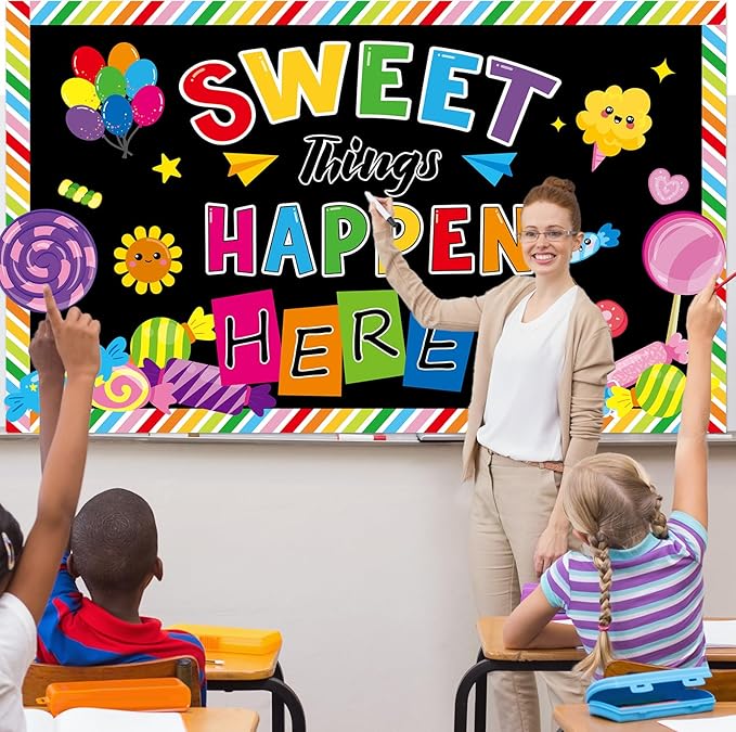gisgfim Sweet Candy Things Happen Here Bulletin Board Decorations Back to School Colorful Paper Cutouts Sweet Candy Bulletin Board Set for Kindergarten Preschool Elementary Wall Decor Supplies