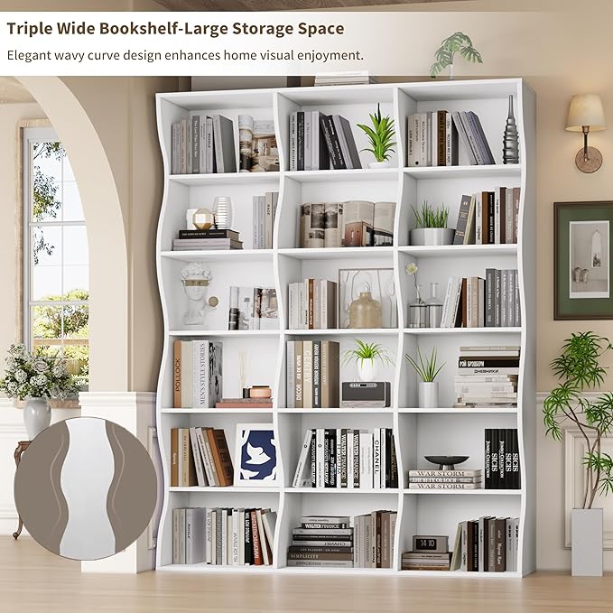 71" Triple Wide Bookshelf, 6 Tier Tall Bookcase with Storage, Large Book Shelves with 18 Open Display Shelves, White Bookcase for Living Room, Study, Home Office, Library (White)