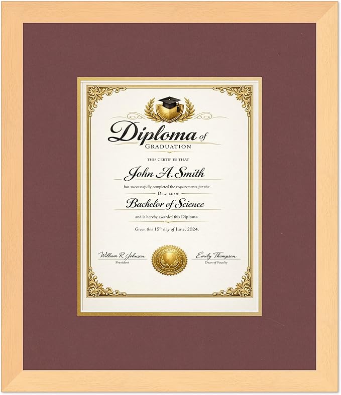 CountryArtHouse Diploma Frame Fits 8.5 x 11 Certificate (Portrait) - Keepsake Graduation Display Natural Wood Genuine Hardwood with Dark Red Over Metallic Gold Double mat