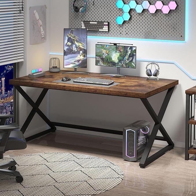 IBF 55 inch Computer Desk, Farmhouse Home Office Desk, Industrial Wood Metal Legs Work Desk for Writing Study, Vintage Minimalist Laptop Executive Workstation PC Gaming Table in Bedroom, Rustic Brown