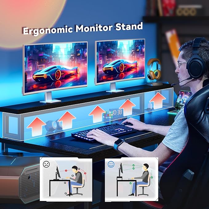 EnHomee 56" Medium L Shaped Gaming Desk with LED & Power Outlets,Computer Desk with Monitor Stand & Print Stand for Home Office,Reversible Corner Gaming Table with Storage Shelf & Hooks,Black