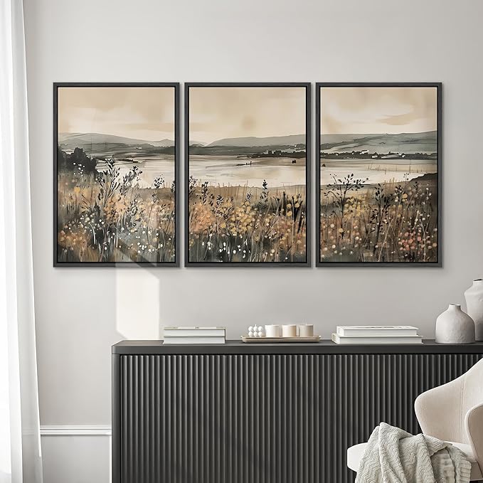 SIGNWIN Framed Canvas Print Wall Art Set Lakeside Meadow Rustic Countryside Watercolor Illustrations Modern Art Decorative for Living Room, Bedroom, Office - 24"x36"x3 Black