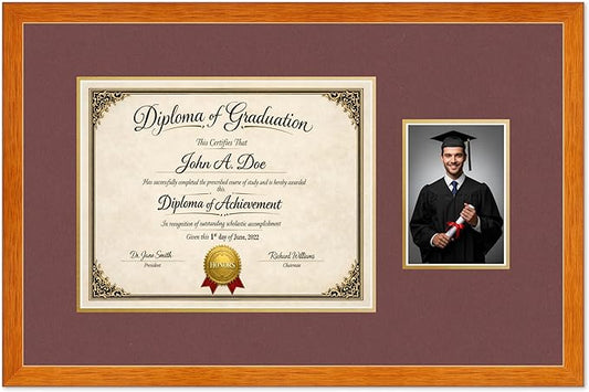 Diploma Frame With Photo Opening Honey Oak Dark Red Over Gold Mat - Fits 14 x 11 Degree and Picture Made in the USA
