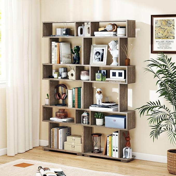 Giantex 6-Tier Geometric Bookshelves Set of 2, S-Shaped Bookcase with 2 Anti-Tipping Kits, Wooden Display Shelf, Decorative Storage Shelving Unit, Home Storage Organizer for Office Living Room