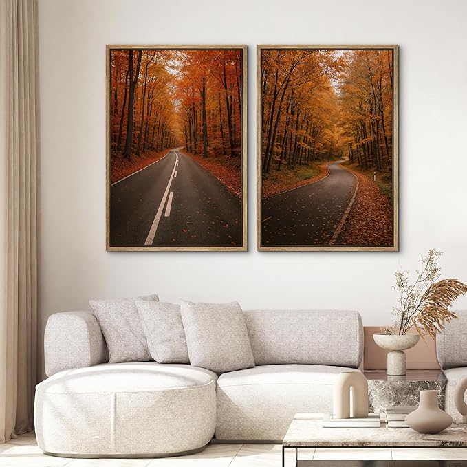 SIGNWIN Framed Canvas Print Wall Art Set Autumn Forest Road Nature Landscape Illustrations Modern Art Minimal Boho Relax/Calm for Living Room, Bedroom, Office - 16"x24"x2 Natural