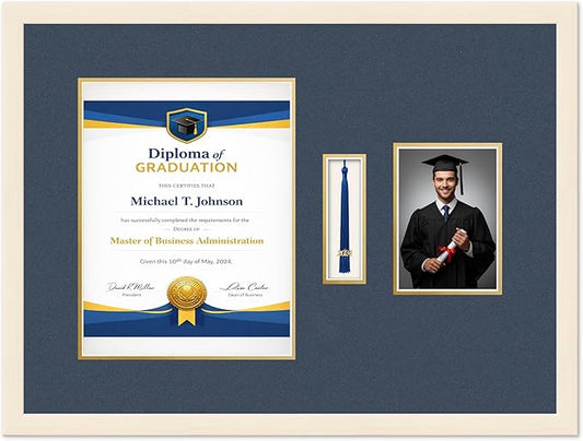 Diploma Tassel and Photo Frame Coastal Whitewash Shadowbox Navy Blue Over Gold Mat - Fits 10 x 13 Degree Picture Made in the USA