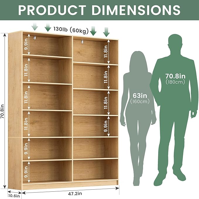 12 Open Storage Bookcase, Natural Bookshelf, Freestanding Display Storage Shelves, Double Wide Bookshelves, 70.8” Tall Book Case 2 PCS Home Library Bookcase for Living Room Bedroom Office
