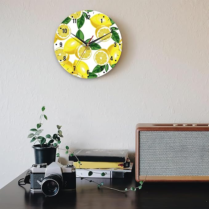 SPUNKER Clocks for Living Room,Lemon Wall Clock Battery Operated 10 Inch,Tropical Fruit Leaves Round Clock Silent Non-Ticking Wall Decor for Farmhouse Office Home School Living Room Bedroom