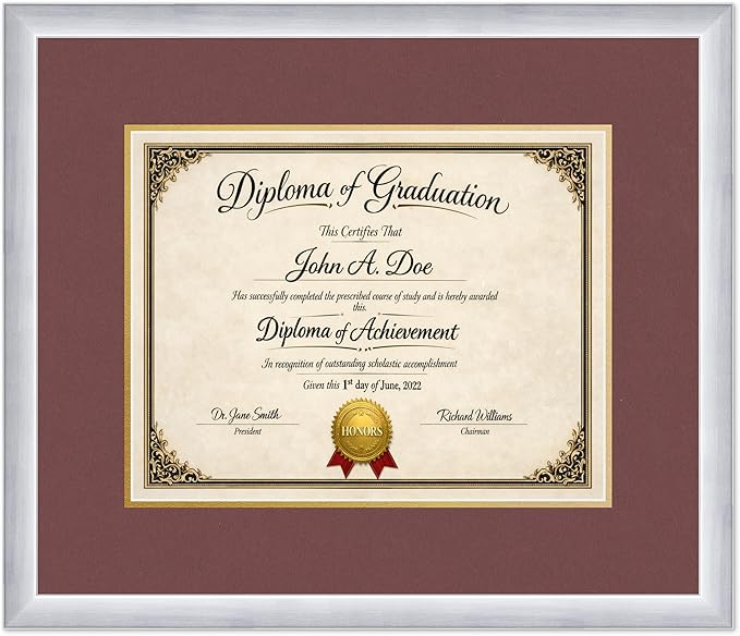 Diploma Frame Stainless Silver with Dark Red Over Gold Double Mat - Fits 14 x 11 College Diploma (Modern) Wall Display Made in the USA