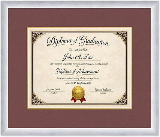Diploma Frame Stainless Silver with Dark Red Over Gold Double Mat - Fits 14 x 11 College Diploma (Modern) Wall Display Made in the USA